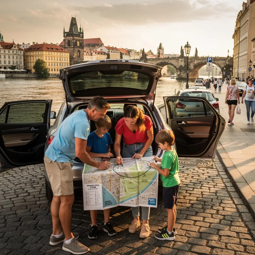 Skupina přátel zastavující na odpočívadle během cesty.